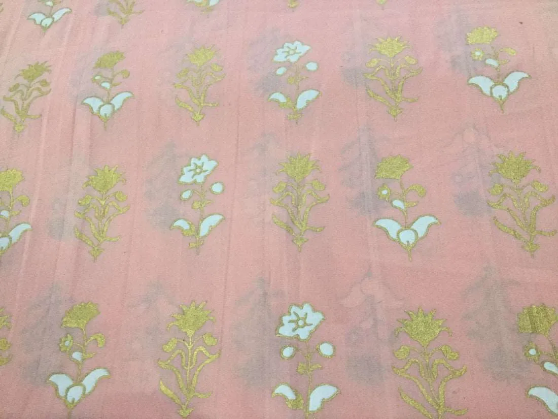 100% Cotton Printed peachy pink floral golden jacquard Fabric 44" wide [11352]