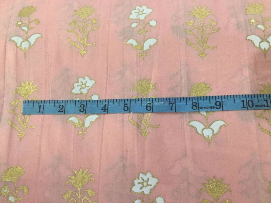 100% Cotton Printed peachy pink floral golden jacquard Fabric 44" wide [11352]