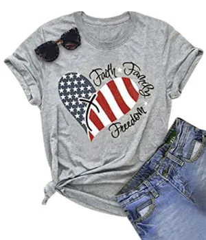 4th of July Shirts Women Faith Family Freedom Tshirt American Flag T Shirts Star Stripes Patriotic Shirts Top