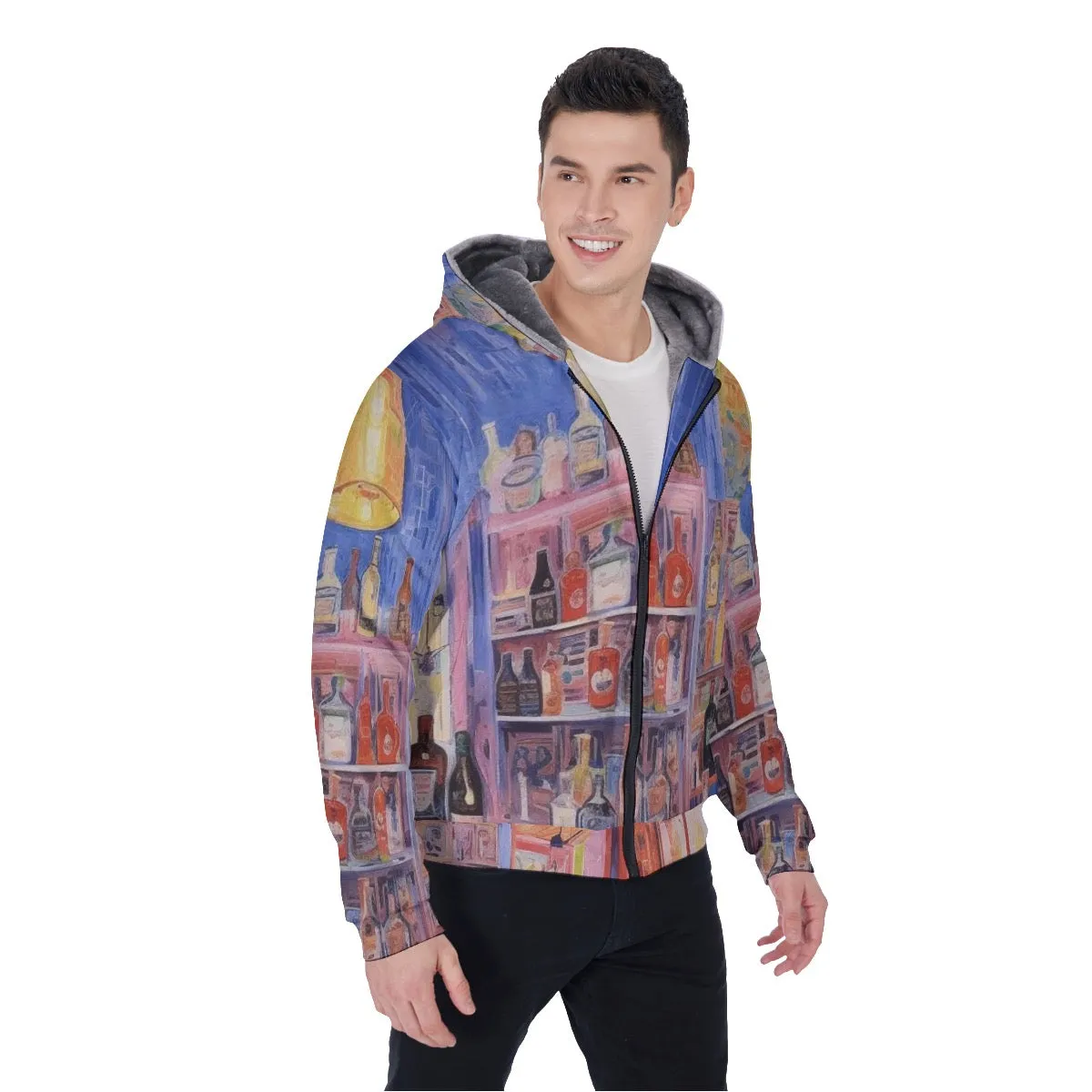 All-Over Print Men's Sherpa Fleece Zip Up Hoodie, booze, cabinet, print, #25VV