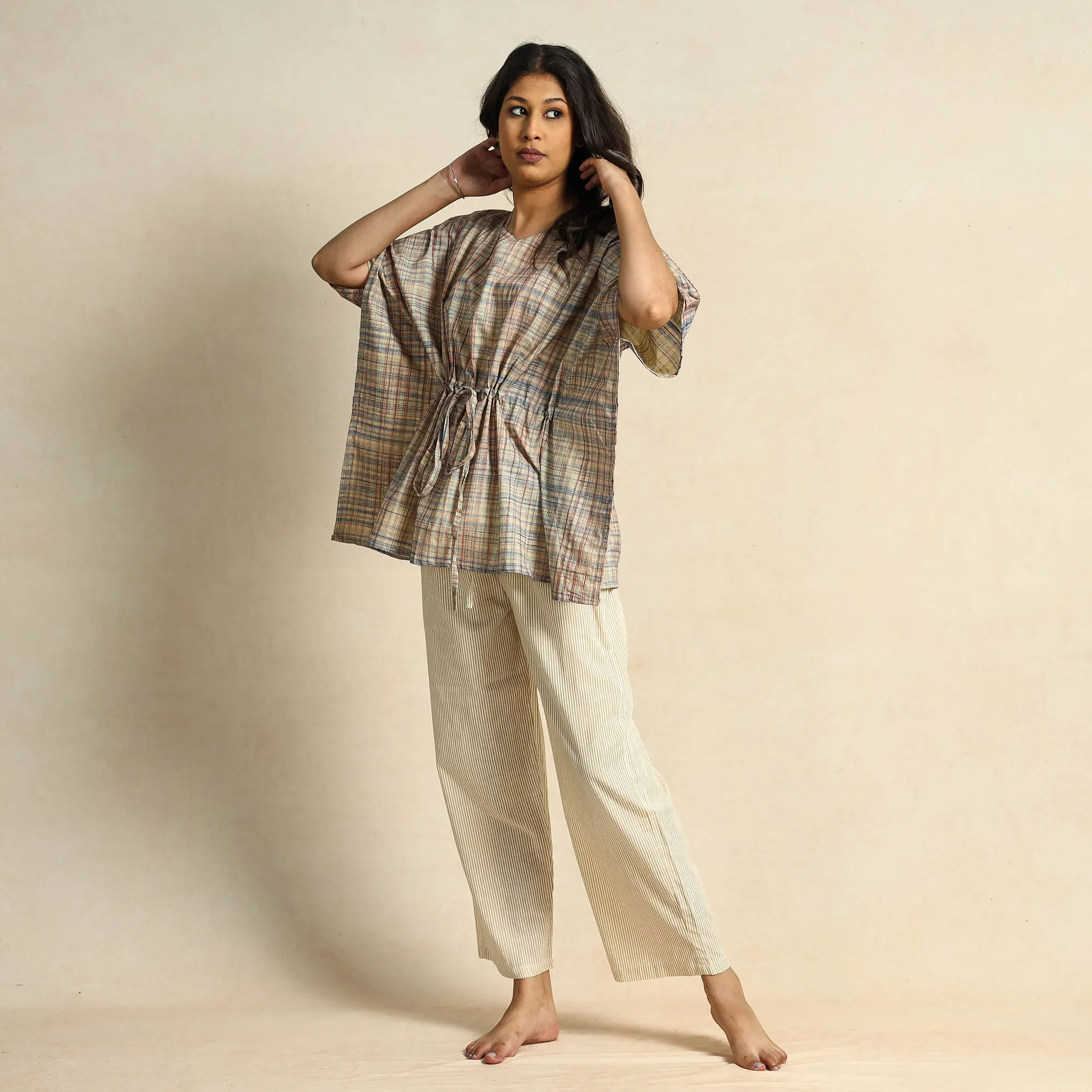 Beige - Block Printed Cotton Kaftan Pyjama Night Suit Set