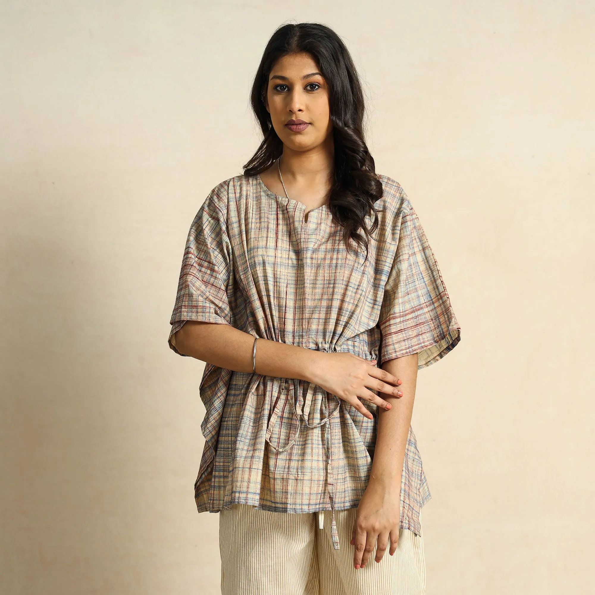 Beige - Block Printed Cotton Kaftan Pyjama Night Suit Set