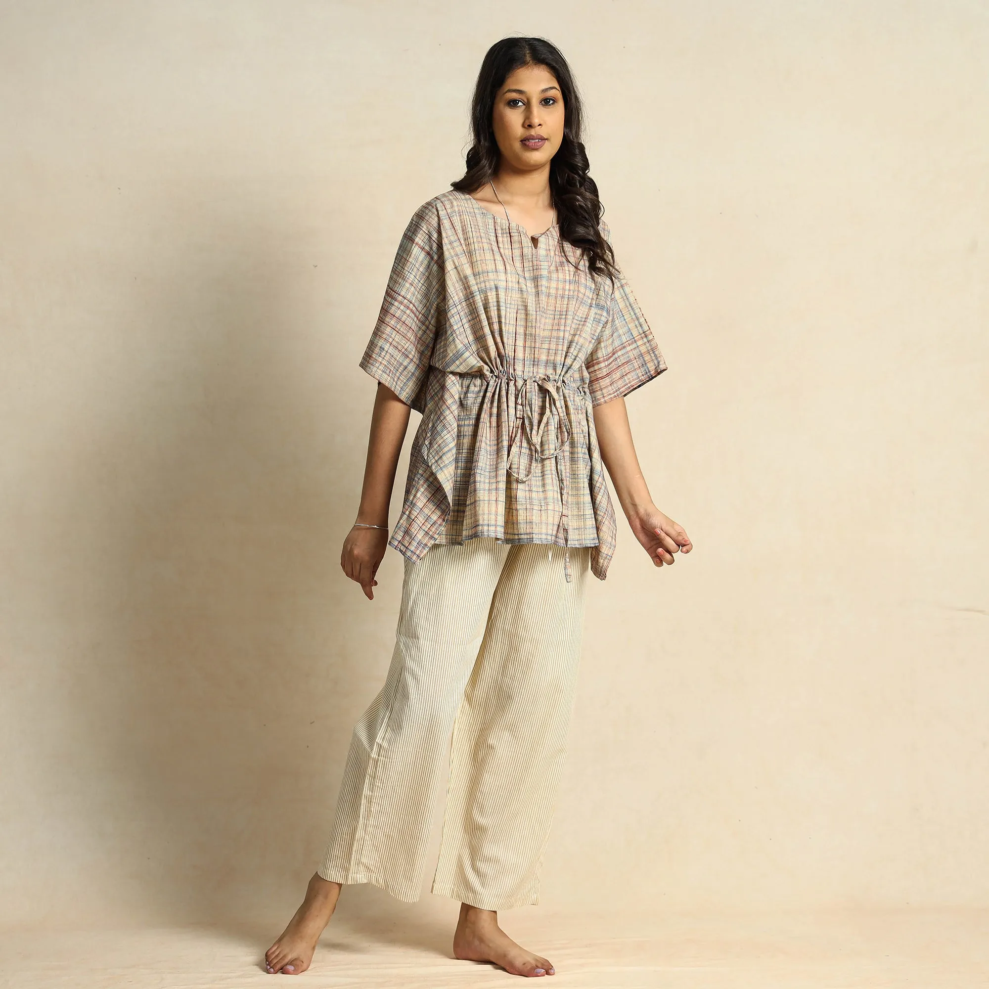 Beige - Block Printed Cotton Kaftan Pyjama Night Suit Set