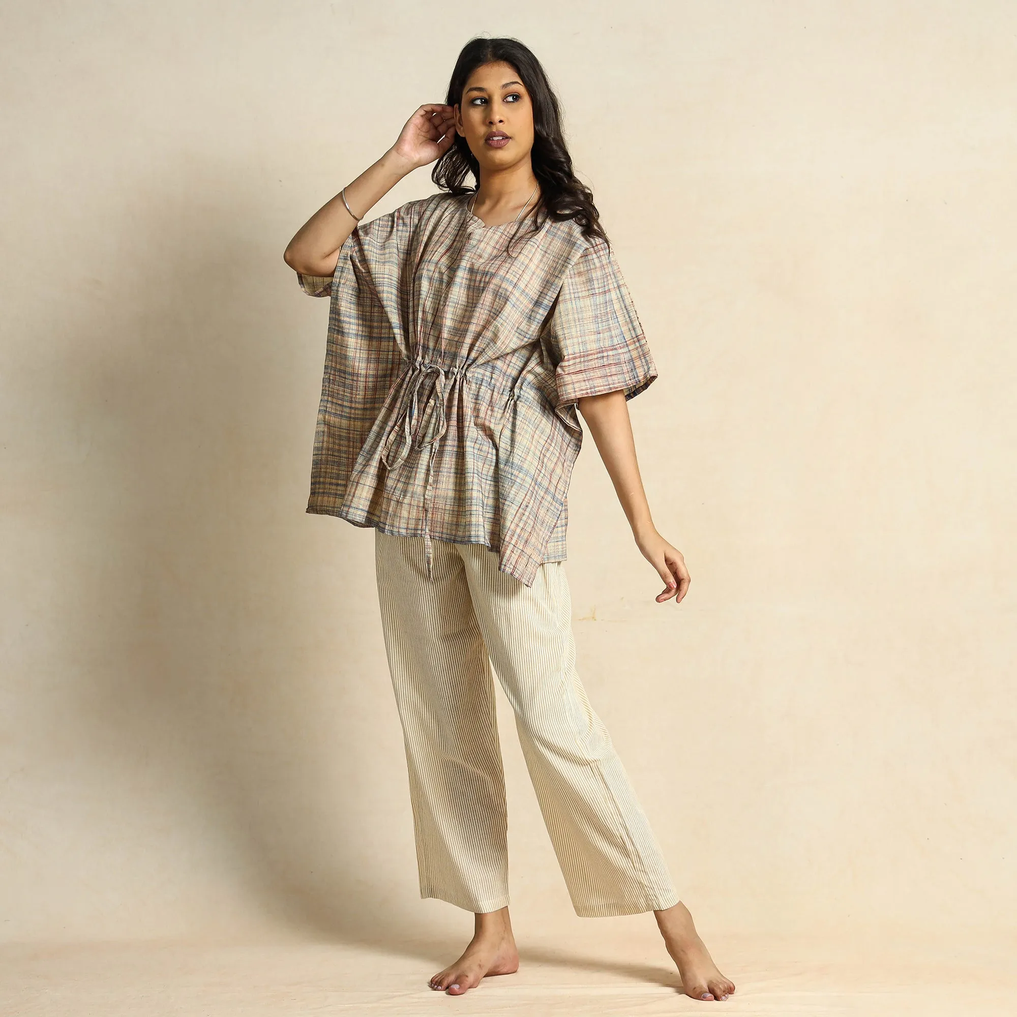 Beige - Block Printed Cotton Kaftan Pyjama Night Suit Set