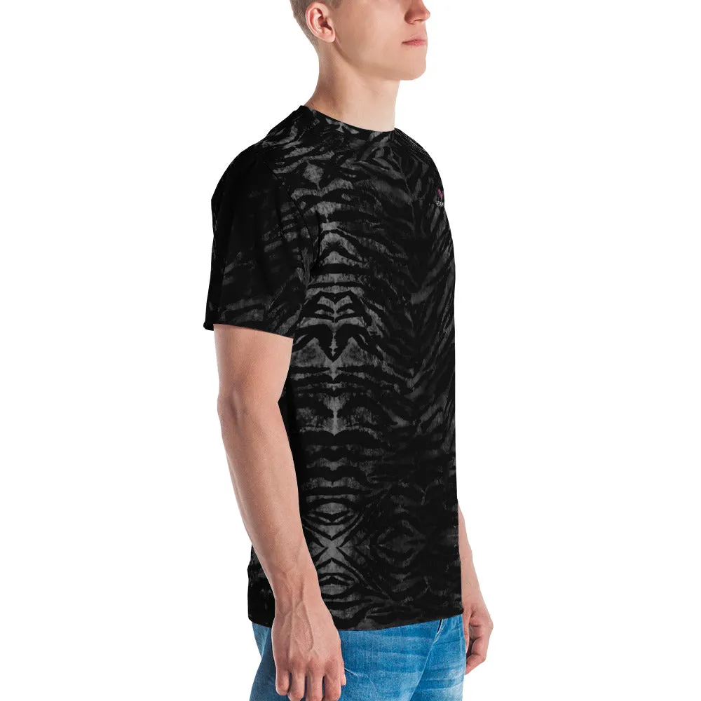 Black Tiger Striped Men's T-shirt, Dark Grey Animal Print Luxury Tee For Men-Made in USA/EU/MX (US Size, XS-2XL)