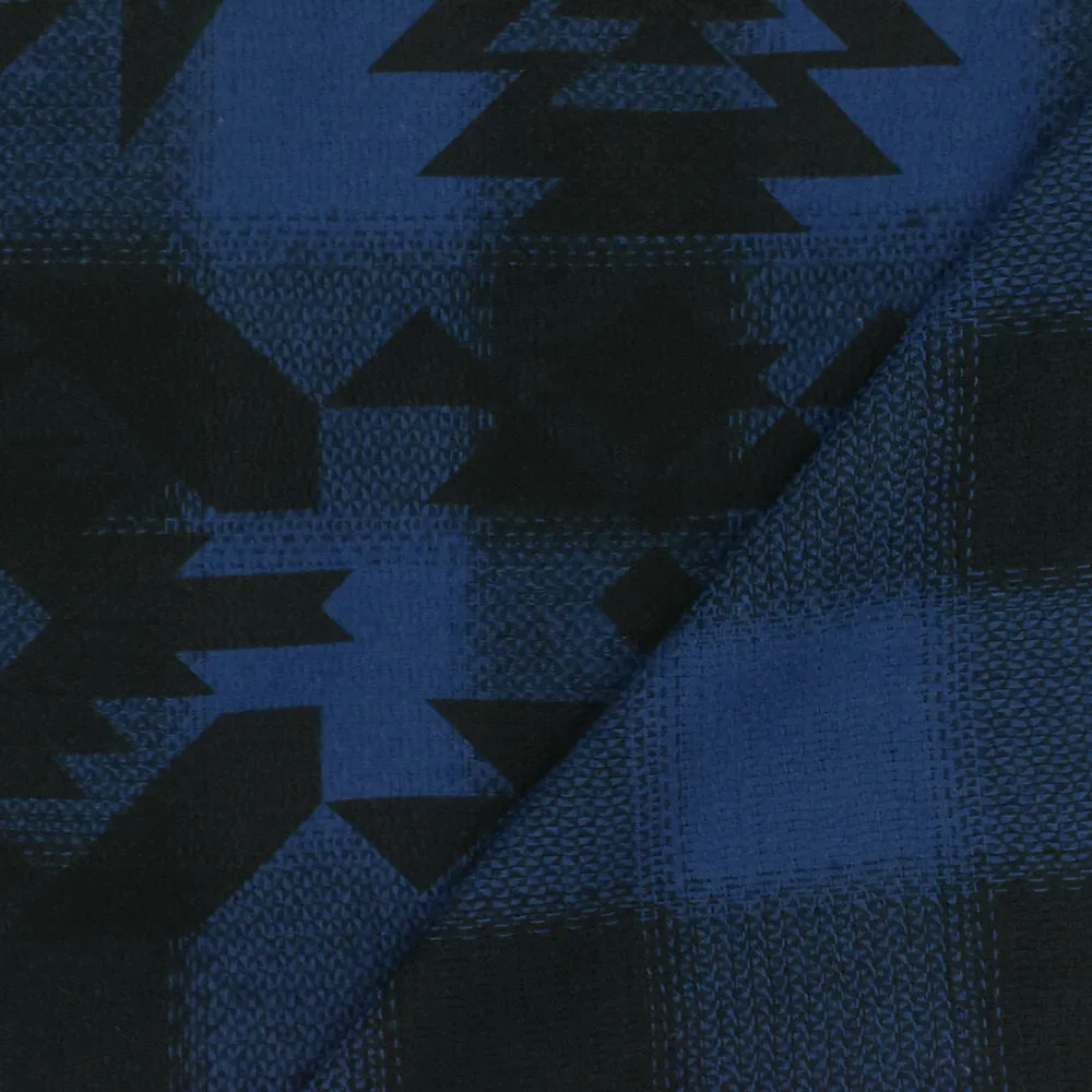 Blue-Black Tribal Printed Cotton Check Dobby Woven Fabric