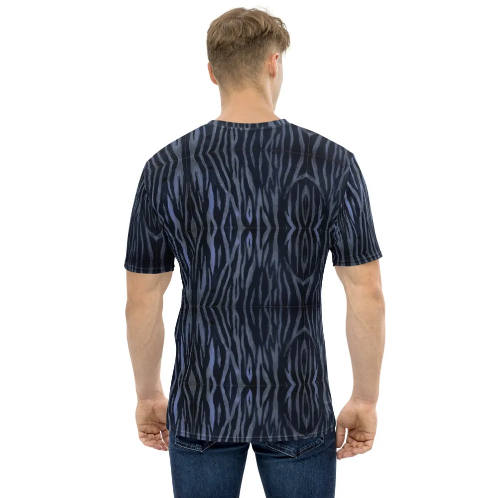 Blue Tiger Striped Men's T-Shirt, Tiger Striped Animal Print Tee For Men - Made in USA/EU/MX