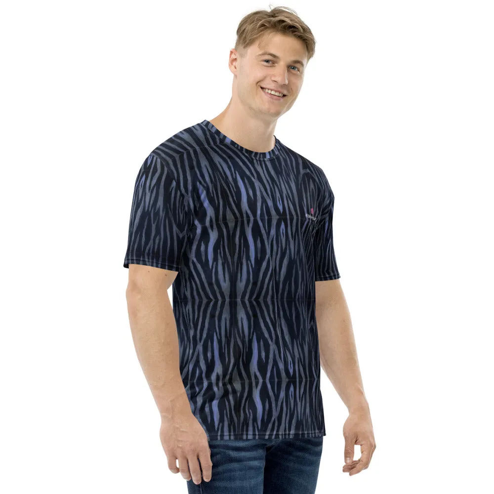 Blue Tiger Striped Men's T-Shirt, Tiger Striped Animal Print Tee For Men - Made in USA/EU/MX