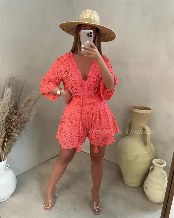 🔥Casual Short V-Neck Lace Suit