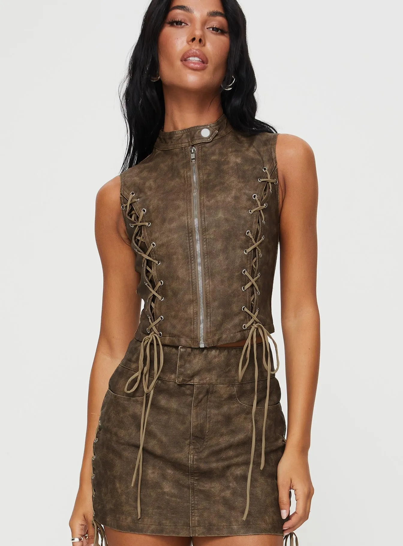 Ceejay Faux Leather Top Brown