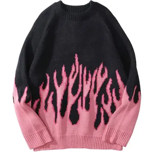 Cool Retro Sweater with Pink Flame Pattern / O-neck Oversize Casual Sweaters for Men and Women