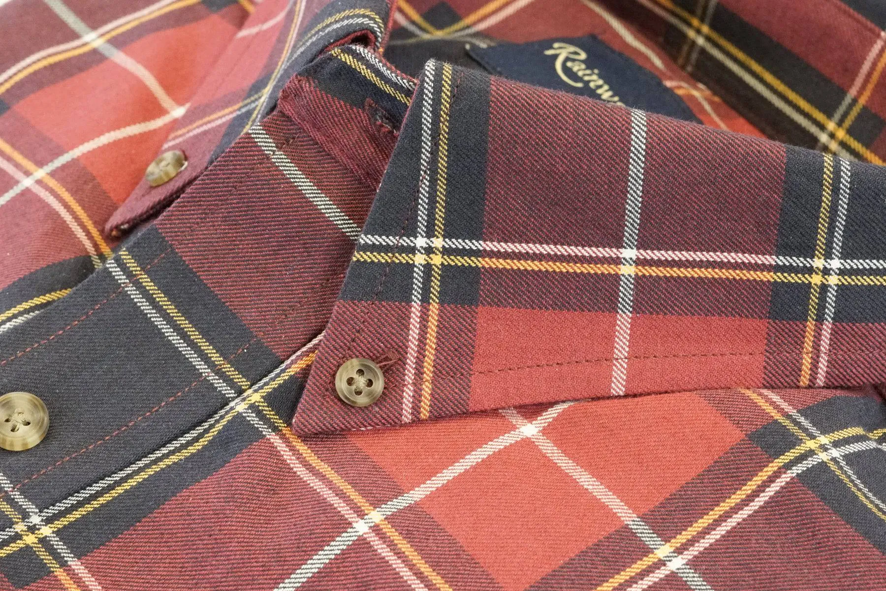 Deep Red and Navy Plaid Button Down in Cotton & Wool by Rainwater's