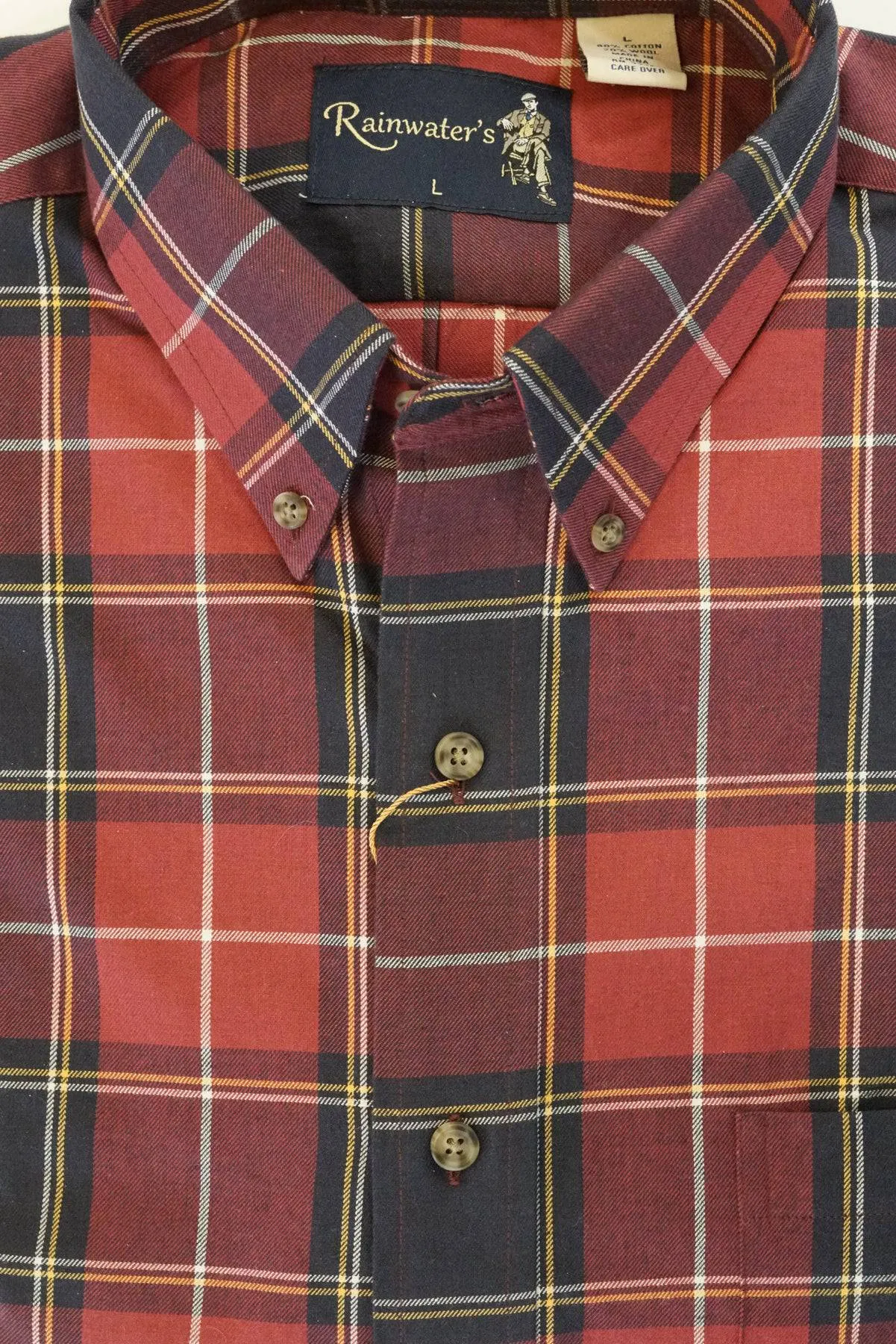 Deep Red and Navy Plaid Button Down in Cotton & Wool by Rainwater's