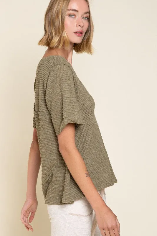 DS Half Sleeve V neck Waffle Knit Top