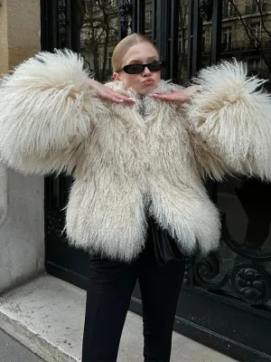 Elegant Thicken Cropped Faux Fur Coat Long Sleeve Loose Fur Jacket