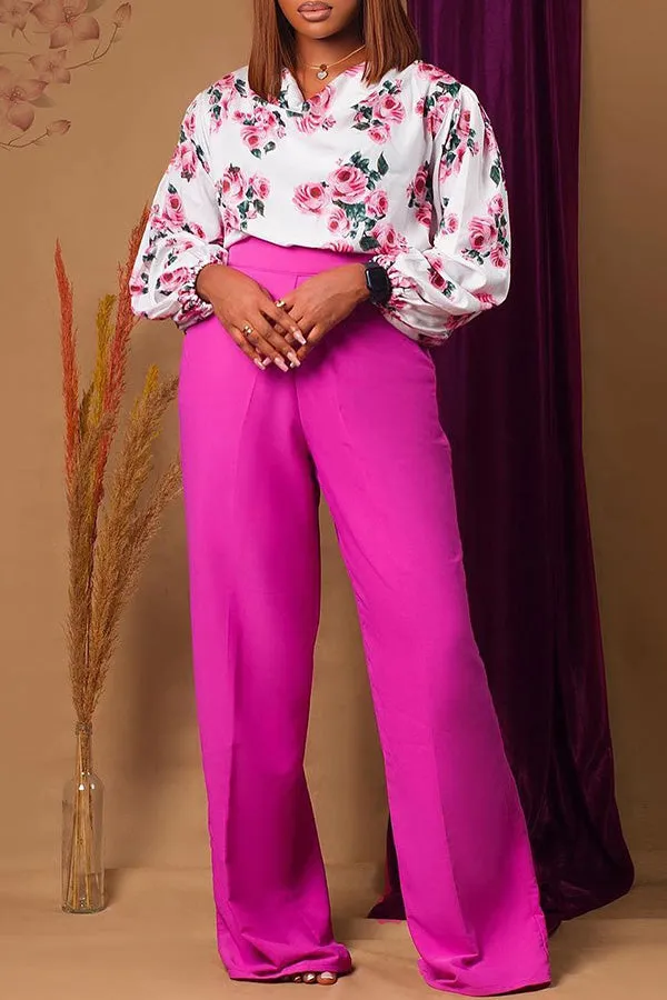 Flower Print Cowl Neck Blouse & Wide Leg Pants Set