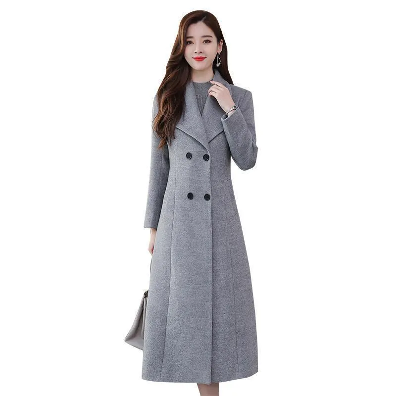 Grey Black Long Wool Coat 2021 New Autumn Winter Woolen Windbreaker