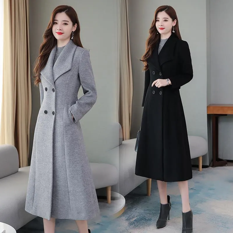 Grey Black Long Wool Coat 2021 New Autumn Winter Woolen Windbreaker