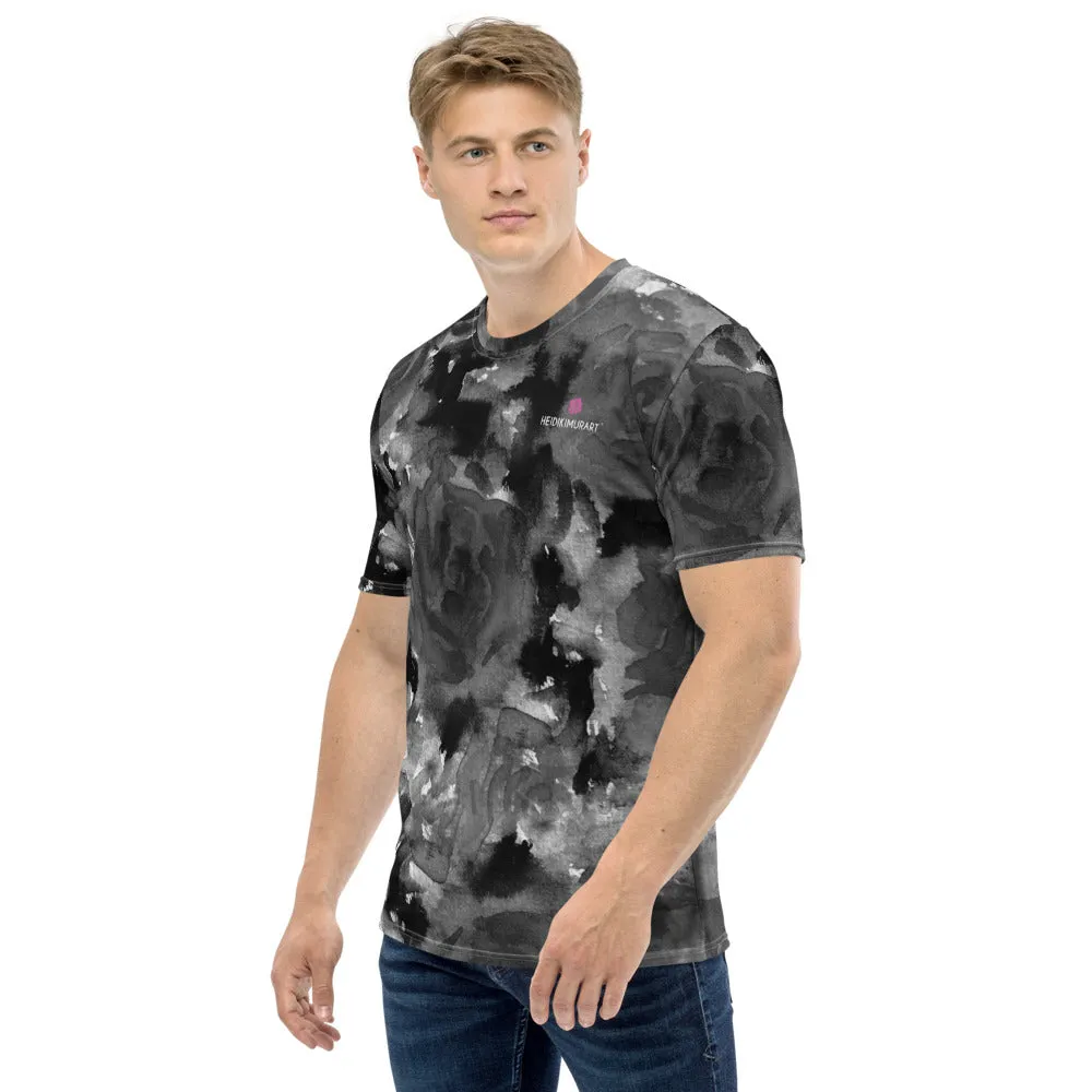 Grey Floral Print Men's T-shirt, Abstract Flower Premium Best Men's Tee-Made in USA/EU/MX