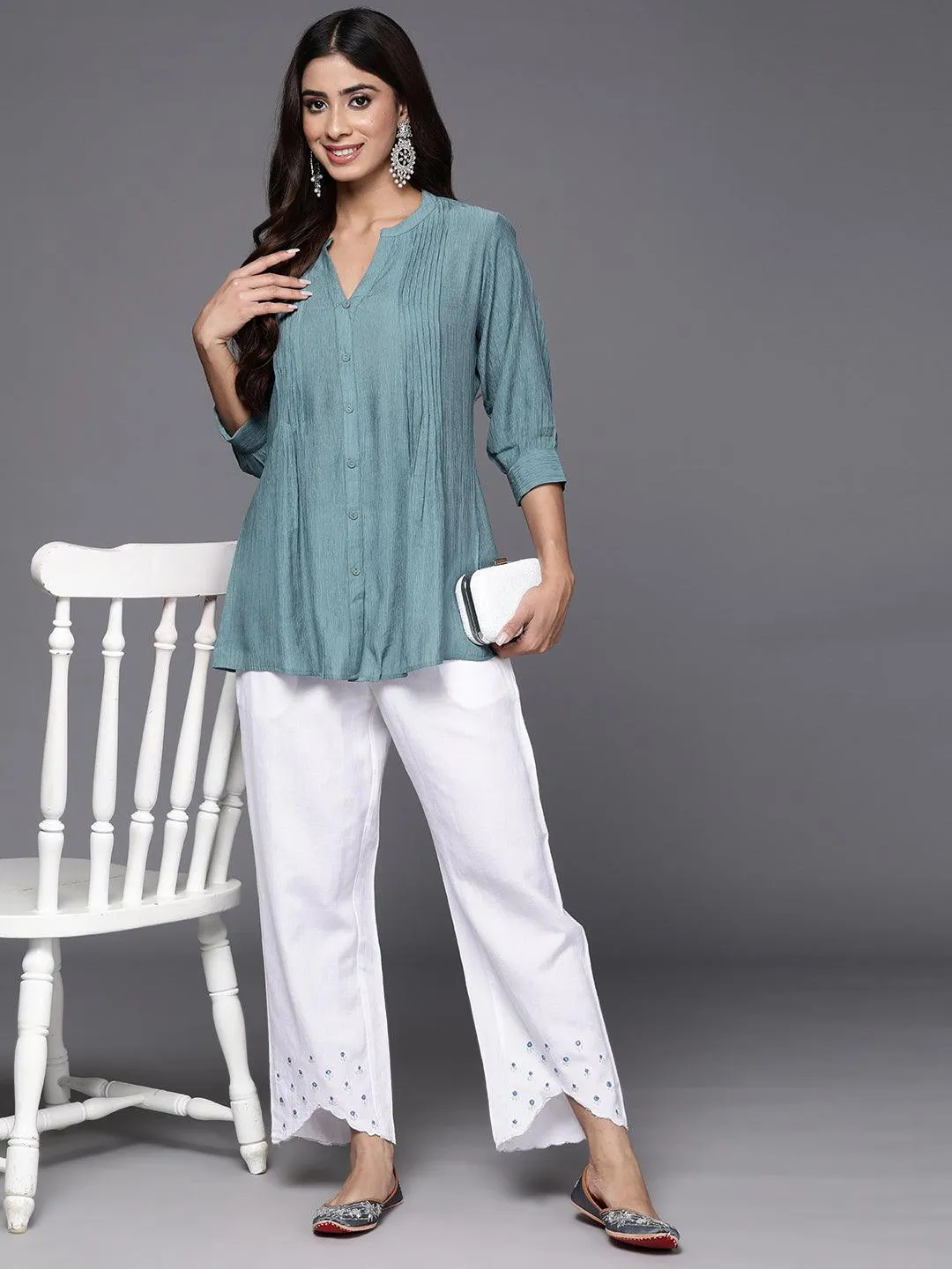 Grey Solid Cotton Blend A-Line Kurti