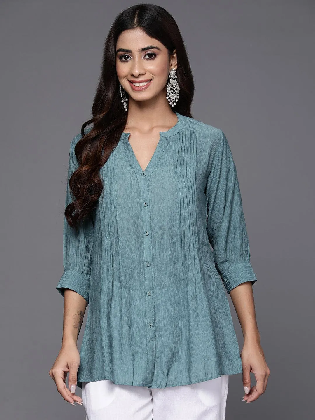 Grey Solid Cotton Blend A-Line Kurti