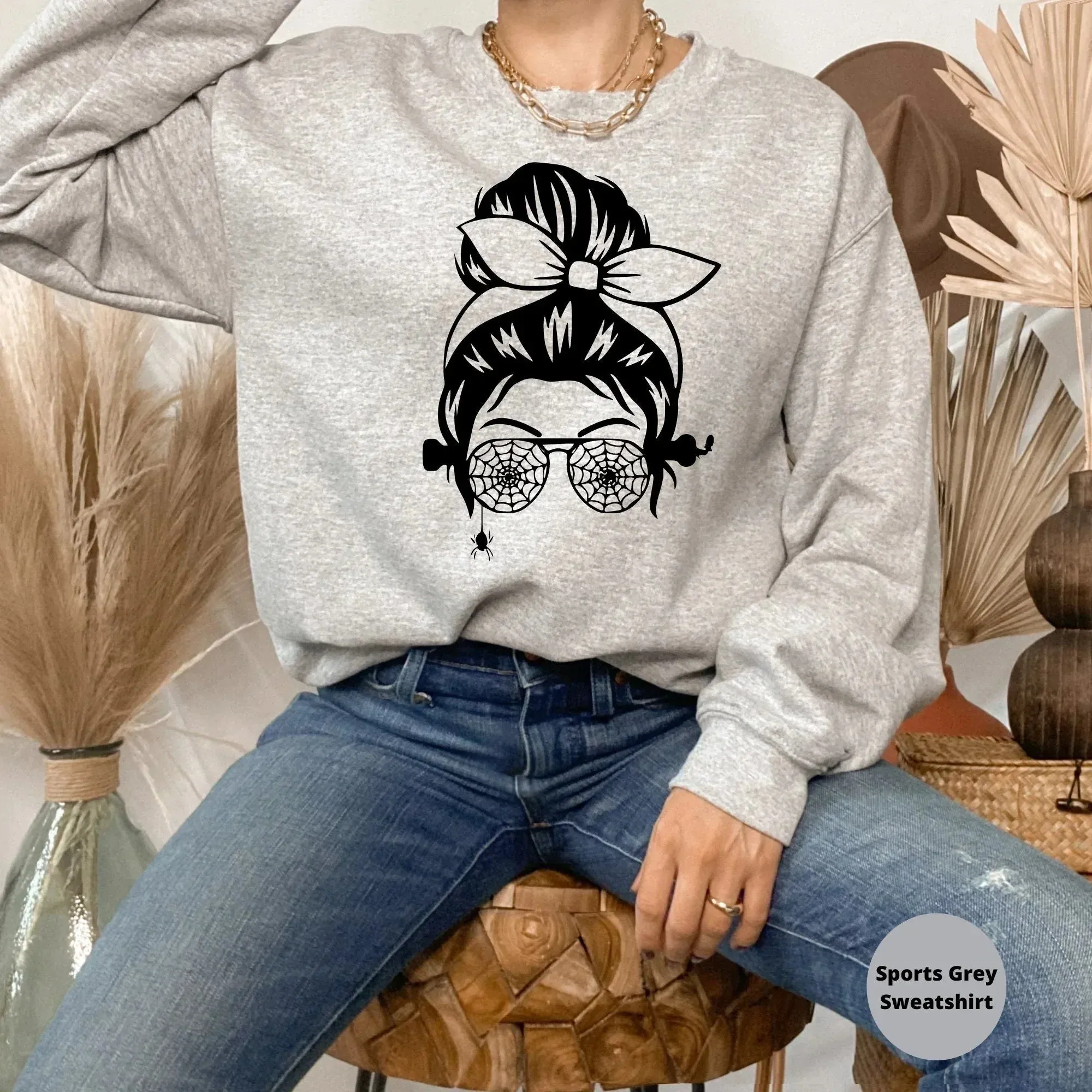 Halloween Shirt, Fall Sweatshirt, Cute Halloween Glasses Sweater, Spooky Season T-shirt, Women's Tee, Messy Bun Mom Shirt, Gift for Her