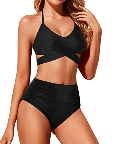 Halter Push Up Bikini Set High Waisted Swimsuits For Women-Black