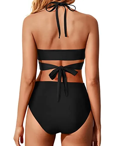 Halter Push Up Bikini Set High Waisted Swimsuits For Women-Black