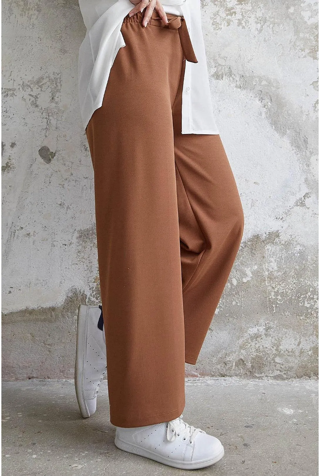 High Waist Belted Wide Loose Scuba Pants for Women