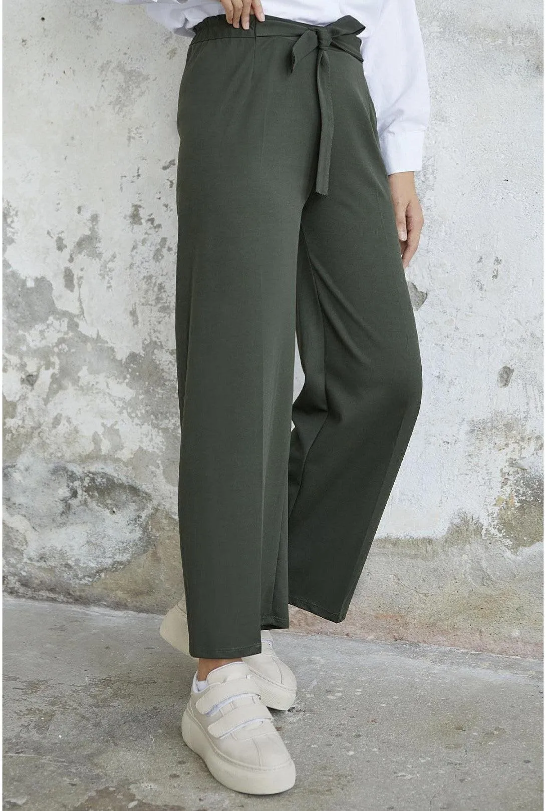 High Waist Belted Wide Loose Scuba Pants for Women