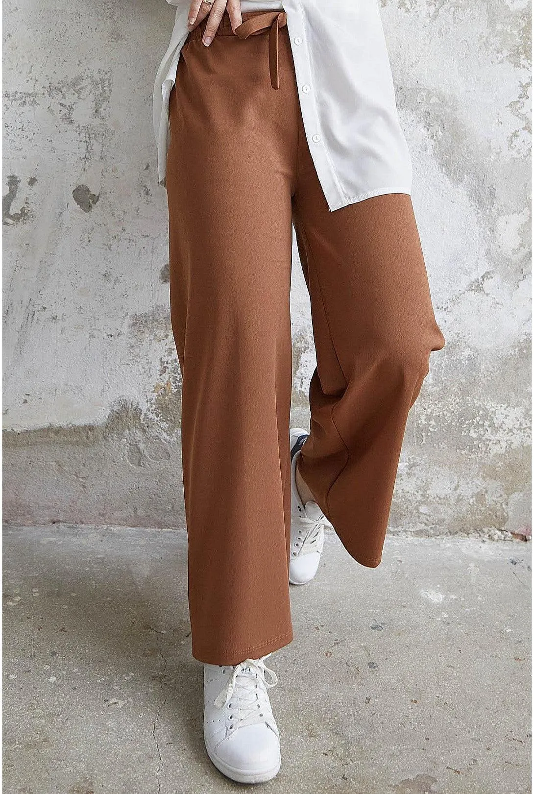 High Waist Belted Wide Loose Scuba Pants for Women