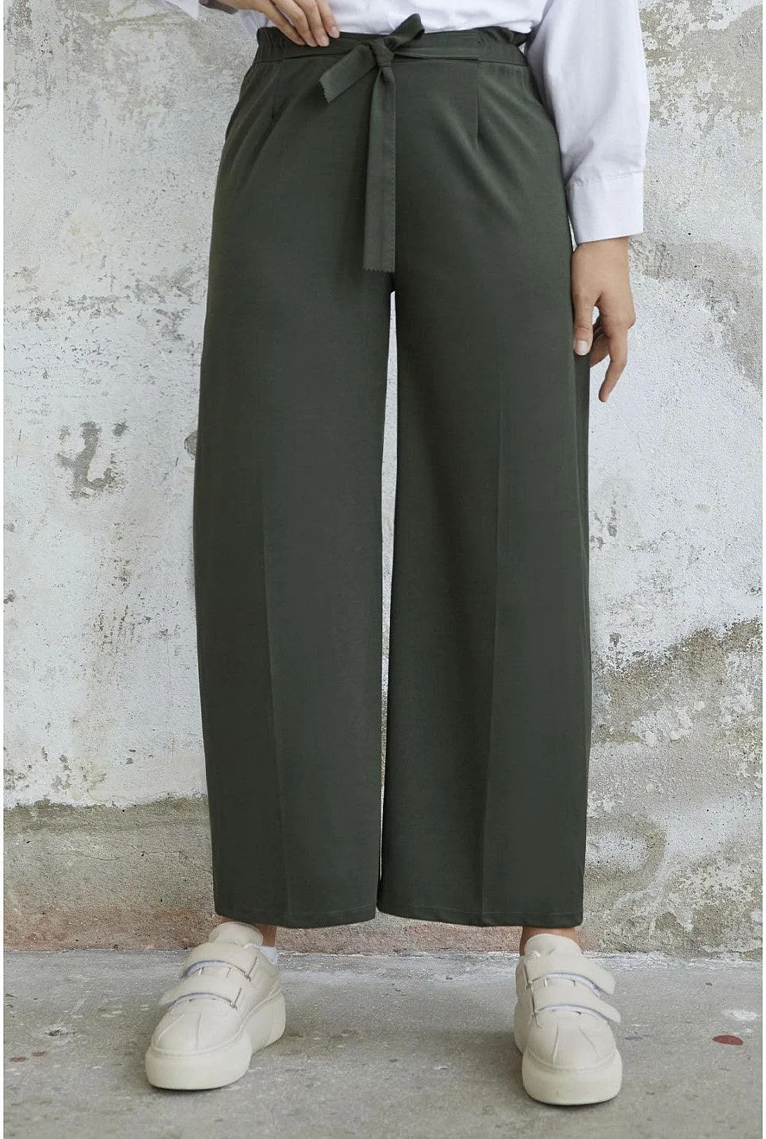 High Waist Belted Wide Loose Scuba Pants for Women