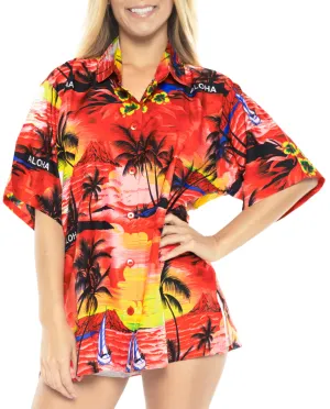 LA LEELA Women's Beach Casual Hawaiian Blouse Short Sleeve button Down Shirt Red tops