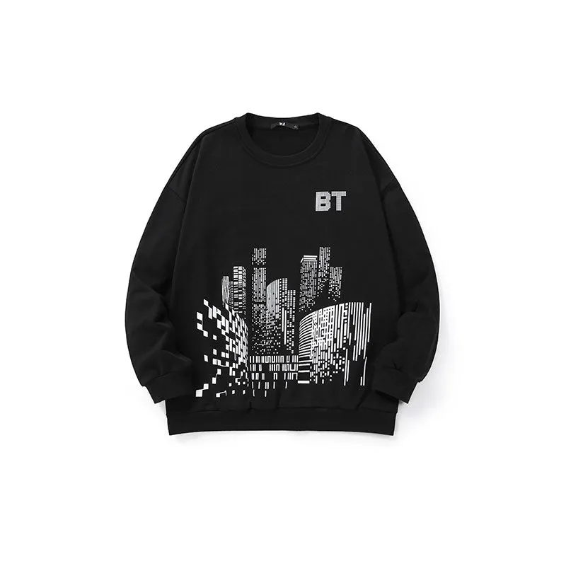 Modern building fun Big tooth monster print sleeved cotton hoodie