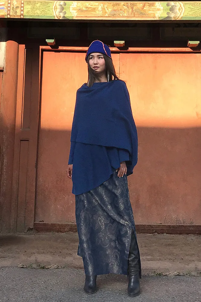 One sleeve Cashmere poncho in Mid blue