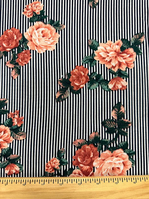 Peach Floral Black Stripe Print Double Brushed Jersey Knit Fabric