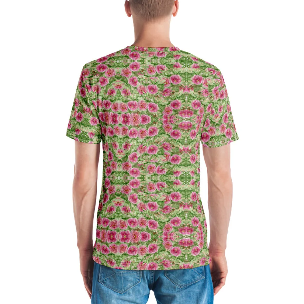 Pink Rose Garden Men's T-shirt, Flower Print Luxury Premium Men's Tee-Made in USA/EU/MX