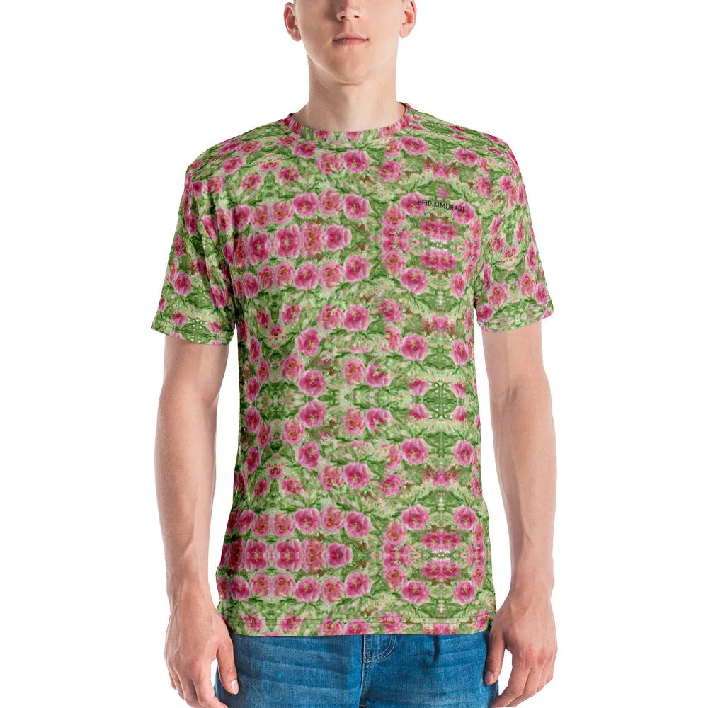 Pink Rose Garden Men's T-shirt, Flower Print Luxury Premium Men's Tee-Made in USA/EU/MX