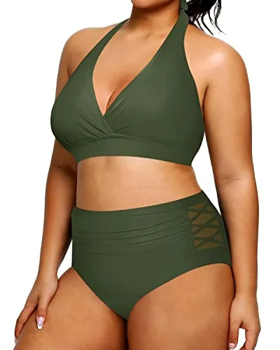 Plus Size Tummy Control Women's Two Piece Halter Bikini Swimsuit-Army Green