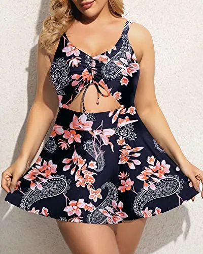 Plus Size V Neck Tie Front One Piece Swimdress Cutout Bathing Suits For Women-Black Pink Flowers