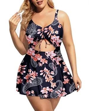 Plus Size V Neck Tie Front One Piece Swimdress Cutout Bathing Suits For Women-Black Pink Flowers