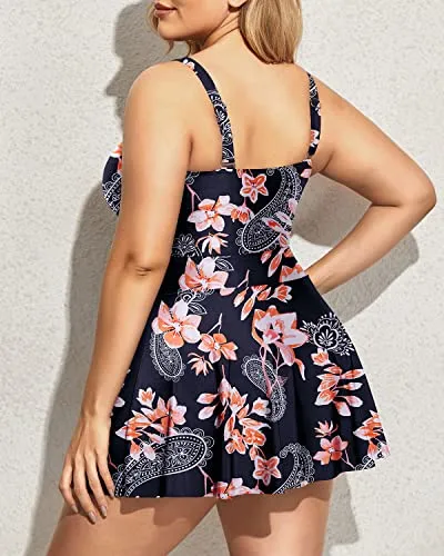 Plus Size V Neck Tie Front One Piece Swimdress Cutout Bathing Suits For Women-Black Pink Flowers