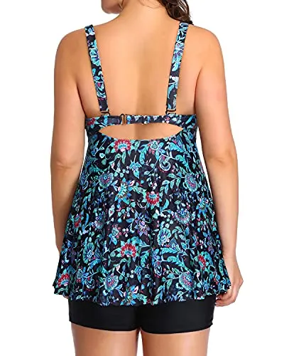 Push Up Padded Bra Tankini Swimsuits Plus Size Flowy Swimwear For Women-Green And Balck Floral