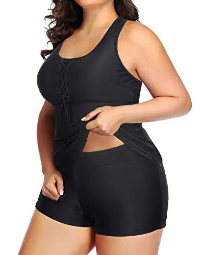 Racerback Plus Size Tankini Top With High Waisted Boyshort-Black