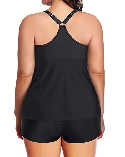 Racerback Plus Size Tankini Top With High Waisted Boyshort-Black