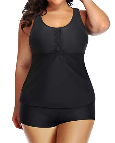 Racerback Plus Size Tankini Top With High Waisted Boyshort-Black