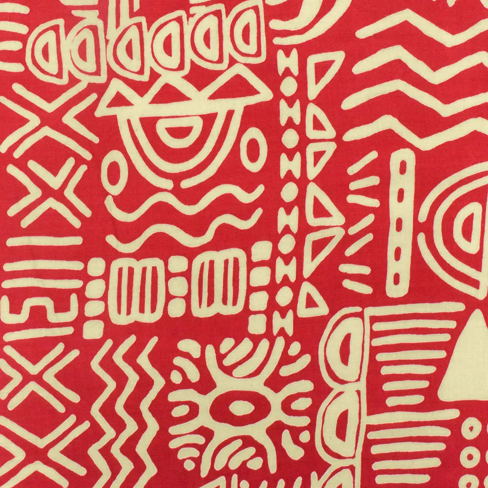 Red-Beige Tribal Symbols Printed Challis Woven Fabric