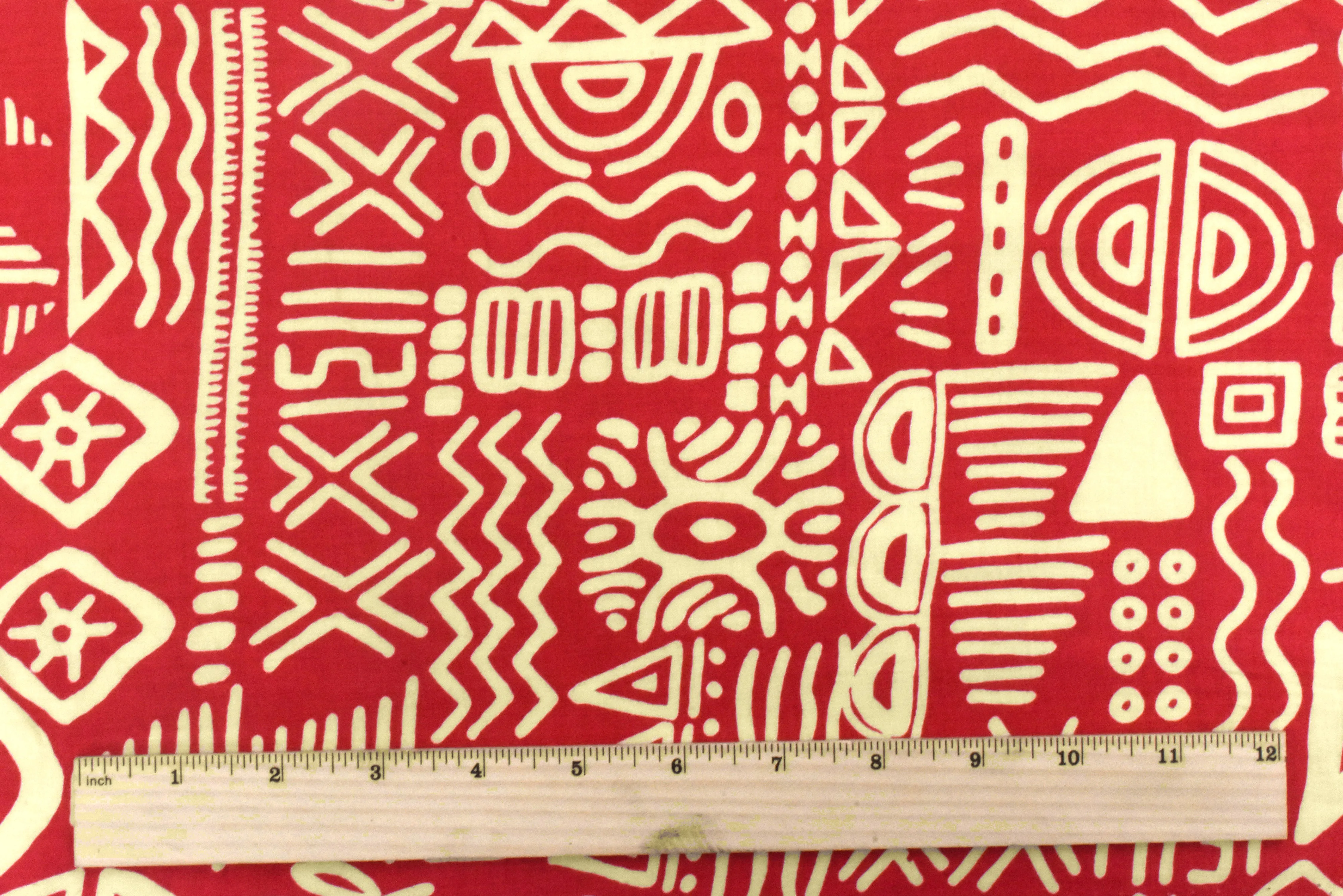 Red-Beige Tribal Symbols Printed Challis Woven Fabric