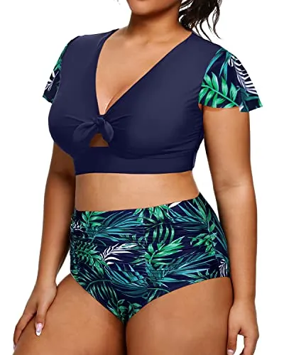 Short Sleeve Plus Size 2 Piece Tummy Control High Waisted Bikini Set Swimsuits-Navy Blue Leaf