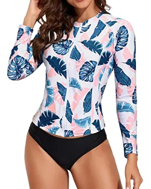 Sun Protection Swimsuits For Women Rashguard Long Sleeve-White Leaf